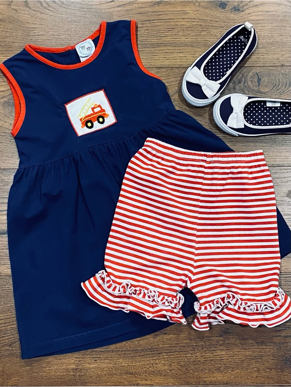 Smock Monkey Girls Red, White, and Blue Fire Truck Set Size 6